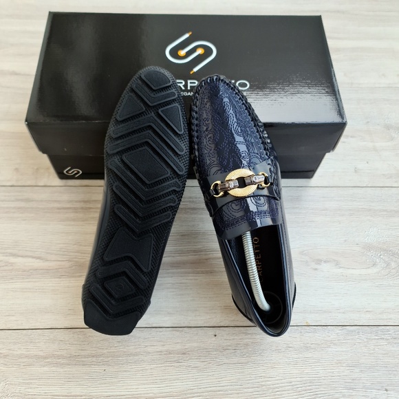 Men's Embroidered Patent Leather Loafers in Navy - Picture 2 of 5